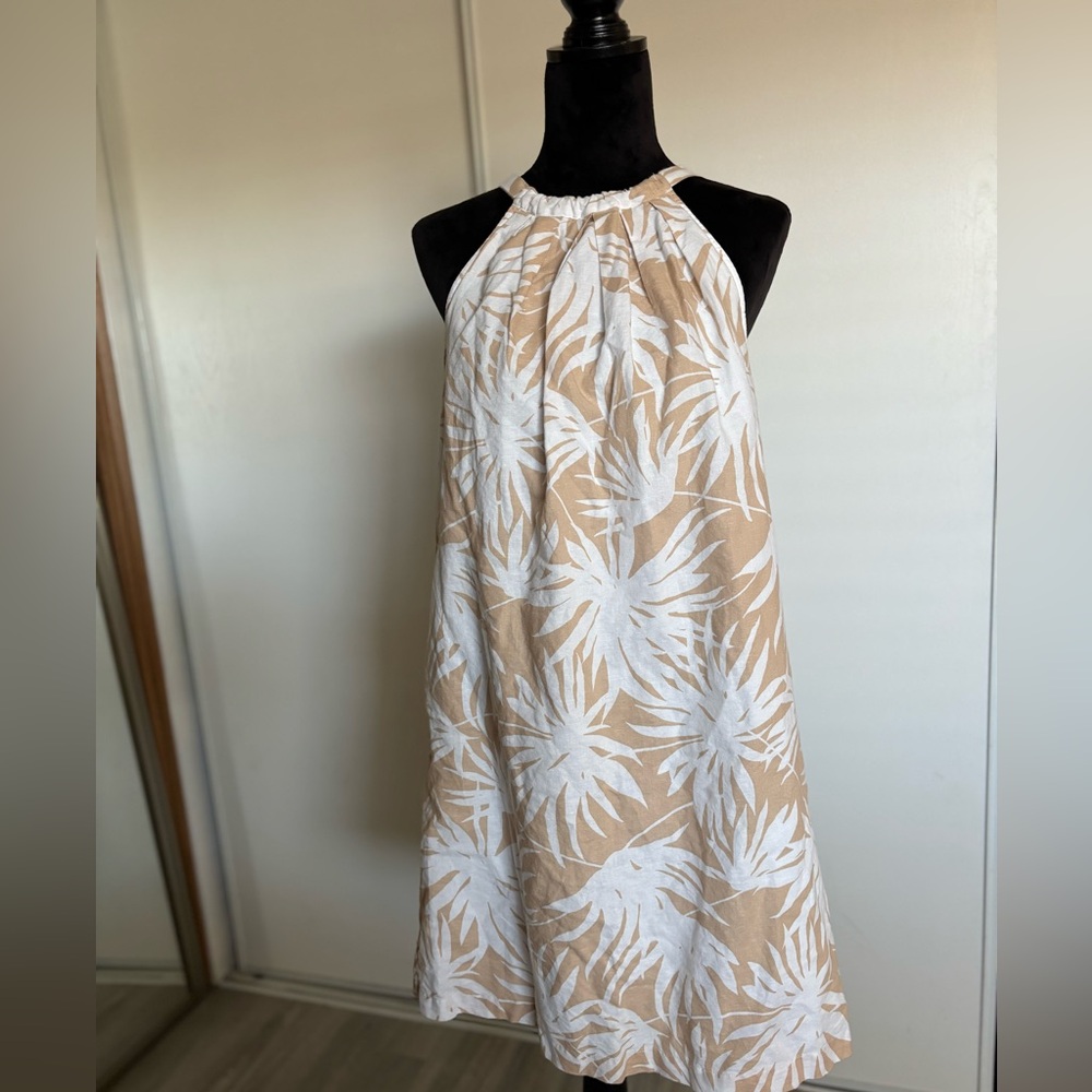 Vacation Dress Women’s 10 Tall Palm Leaves White Beige Linen Cotton Quiet Luxury